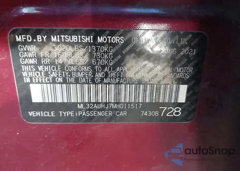 2021 Mitsubishi Mirage Carbonite Edition/Es/Le из США, поврежденный, VIN ML32AUHJ7MH011517